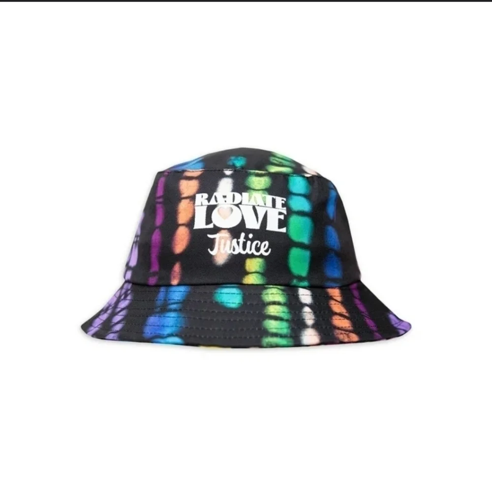 NWOT Justice Kids Girl's Black Tie-Dye Bucket Hat Radiate Love Graphic Party
